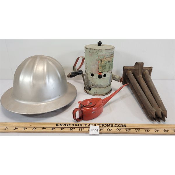 LOT OF 4 - LITTLE CHAMP ROTARY HAND DUSTER, CANDLESTICK MOLD, OILER AND HELMET