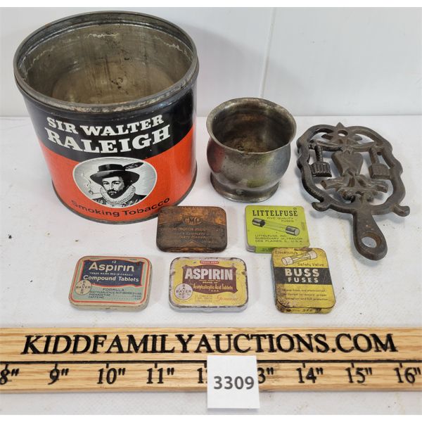 LOT OF 8 - TORONTO STAND SILVER CO CUP,  CAST TRIVIT, AND MISC TINS