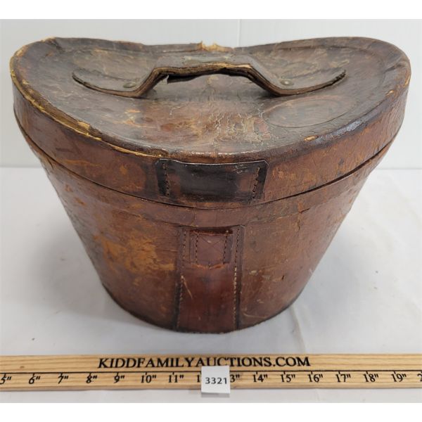 ANTIQUE LEATHER HAT BOX - MARKED NORTH BAY ONTARIO