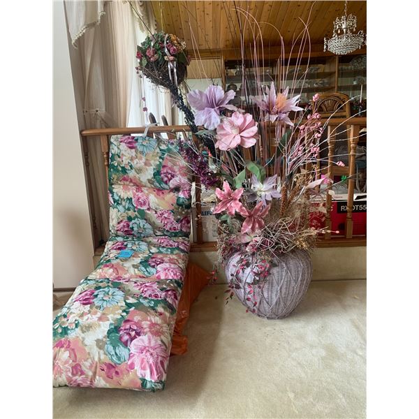 Gorgeous Mauve & Lilac Silk Floral Arrangement, Pr Floral Lounge Chair Cushions & Round Hanging Silk
