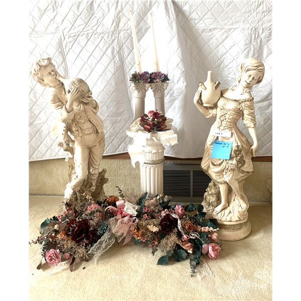 Ceramic Girl & Boy Figurines, Plant Pedestal, Floral Swag, ALVA 1980 Candle Holders w Candles & Drie