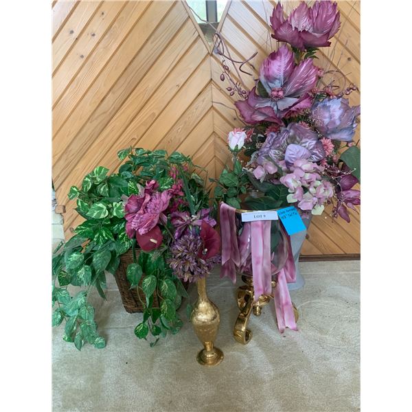 Brass Vase, Silk Plant in Basket, Lg Brass & Glass Hurricane Candle Holder w Pink Candle, Grey Vase 