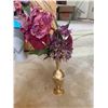 Image 4 : Brass Vase, Silk Plant in Basket, Lg Brass & Glass Hurricane Candle Holder w Pink Candle, Grey Vase 