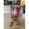 Image 5 : Brass Vase, Silk Plant in Basket, Lg Brass & Glass Hurricane Candle Holder w Pink Candle, Grey Vase 