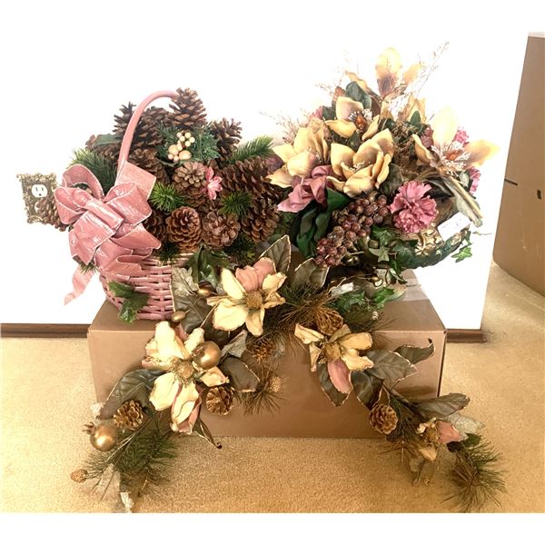Pine-cone Arrangement in Basket, Silk Floral Arrangement in Ceramic Grape Bowl, Pink, Green & Gold S