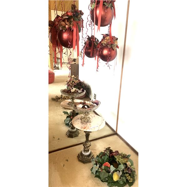 Ornate Marble & Brass Side Table, Crystal Fritbowl Stand w Pot Potpourri, Autumn Fruit Wreath, 3 Red