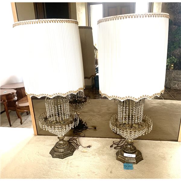 Pair Lg  Ornate Waterfall Style Lamps w Ivory & Gold Shades