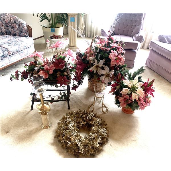 Huge Christmas Wreath w Gold Embellishments, Silk Rose Candle Holder Table Display, Pink Pinecone Fl