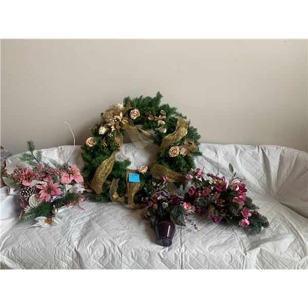 Lovely Blue & Pink Wreath, Asst Candles, Pink Swag, Silk Floral Arrangement in Ceramic Bowl