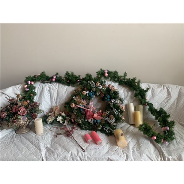 Asst Candles, Ceramic Silk Floral Arrangement in Ceramic Gold Grape Bowl, Pink Swag, Beautiful Blue 