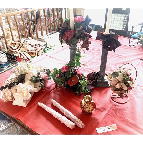 Designer dream, 2 ceramic candle sticks cherub wall sconce, perfume clock bottle decorative ball on 