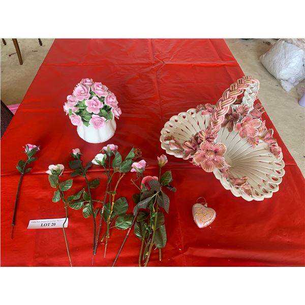 Porcelain flower basket made in Italy, Radnar rose bowl, 7 porcelain roses, and heart ornament, all 