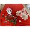 Image 1 : Porcelain flower basket made in Italy, Radnar rose bowl, 7 porcelain roses, and heart ornament, all 