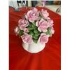 Image 2 : Porcelain flower basket made in Italy, Radnar rose bowl, 7 porcelain roses, and heart ornament, all 