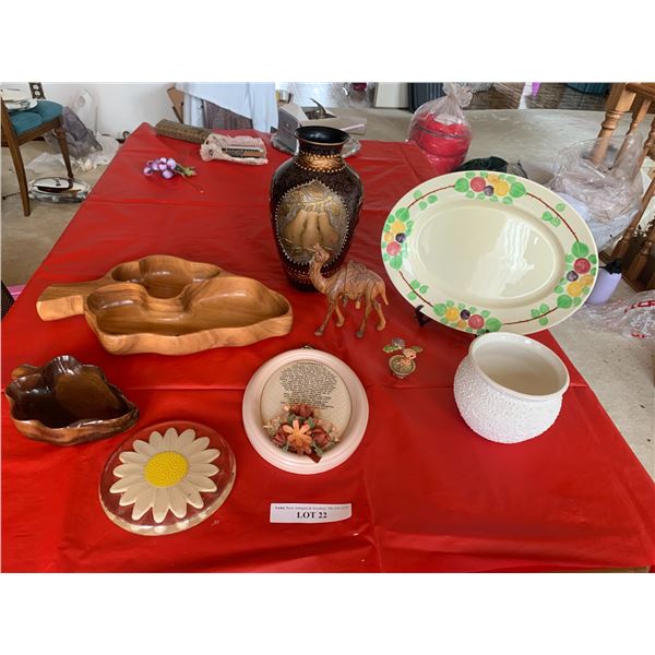2 Monkey wood bowls, carved camel, daisy trivet, pear vase, hand painted plate , Ivory porcelain vas