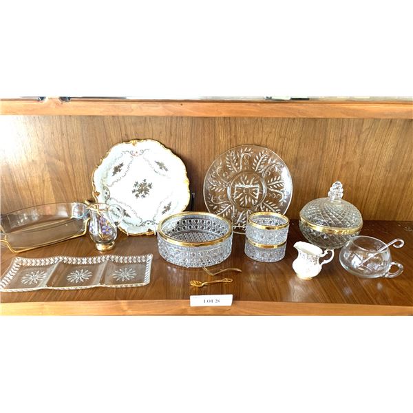 Gold Rimmed Glassware, serving bowl, stunning pickle dish glass gravy boat,gold serving spoons, cove