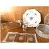 Image 3 : Gold Rimmed Glassware, serving bowl, stunning pickle dish glass gravy boat,gold serving spoons, cove