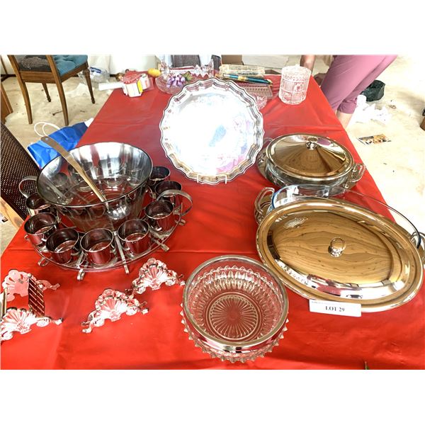 12 serving punch bowl, Silver Plate covered serving bowls, silver plate buffet caddy (knife & fork) 