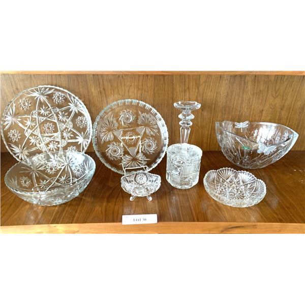 Glassware 9 pieces including crystal footed candy dish and covered dish and beautiful candle stick