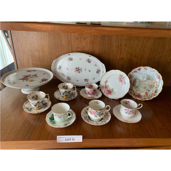 China teacup and saucers with china cake plate , serving dish, and 25th year celebration plate of Ol