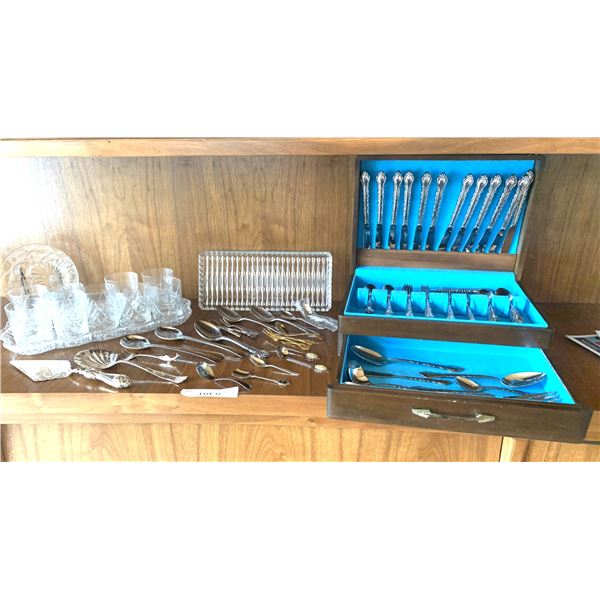 Silverplate 13 Serving Silverware set with chest, serving plate, pinwheel crystal glasses