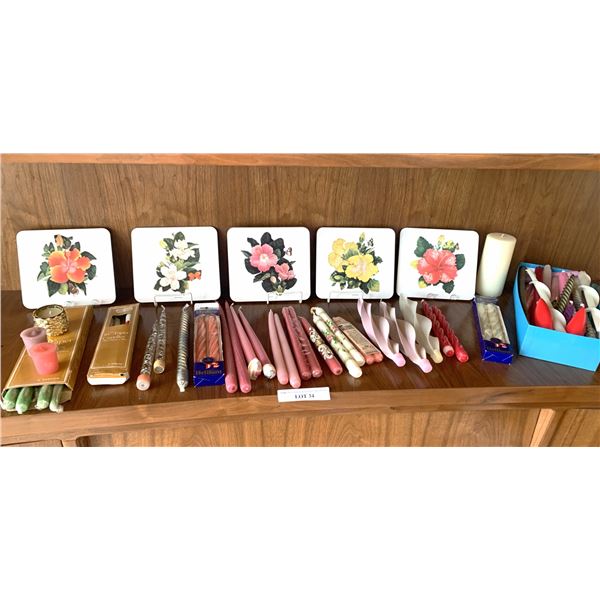 5 Cork trivets, Large selection of candles, 1 pair of acrylic candle sticks