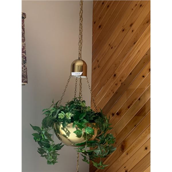 Lighted Brass Hanging plant holder with silk Plant