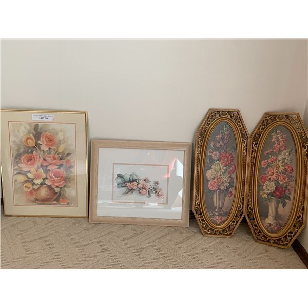 1 wood framed flower print, 3 Plastic framed flower prints