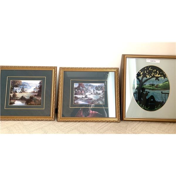 2 scenic gold wood framed prints, Needle work Boy at the lake