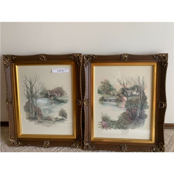Pair of Stunning signed water colour by F. Massa in gold and wood toned frames