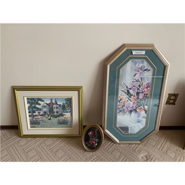 Octagon Iris picture, 84/120 Limited Edition print in gold frame and rose Needle Point oval picture