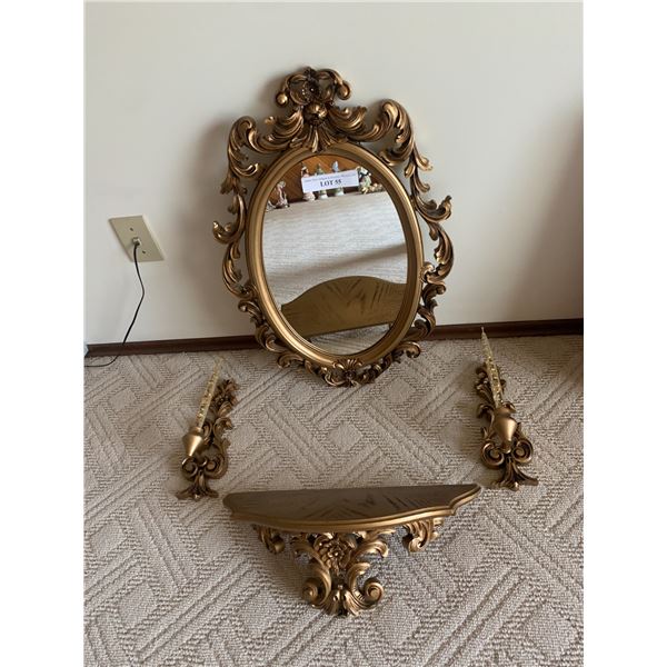 Resin Mirror, Shelf and candle stick set, Antique brass colour