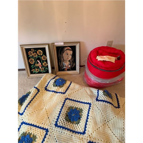 2 Black Velvet framed pictures, Afghan and sleeping bag