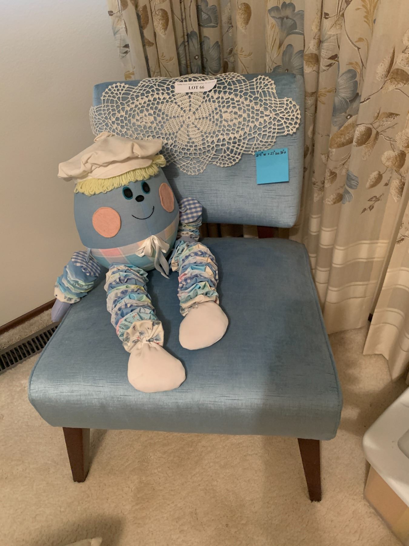 Light Blue Velvet Chair with Dark wood legs and Humpty Dumpty Doll