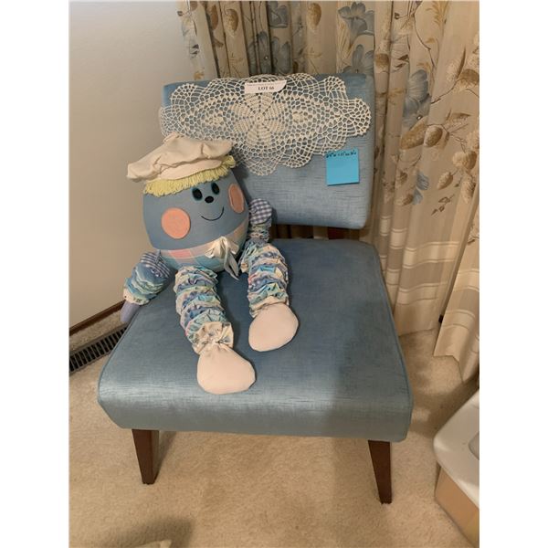 Light Blue Velvet Chair with Dark wood legs and Humpty Dumpty Doll