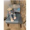 Image 1 : Light Blue Velvet Chair with Dark wood legs and Humpty Dumpty Doll