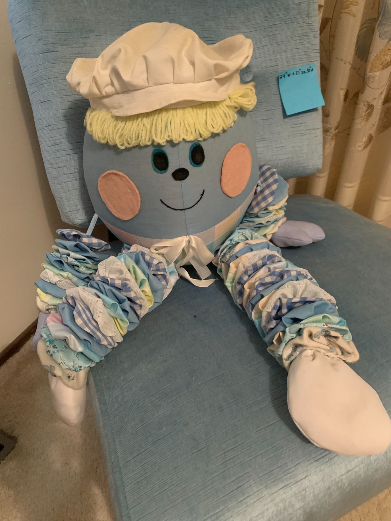 Humpty Chair Light Blue Velvet Chair with Dark wood legs and Humpty Dumpty Doll ...