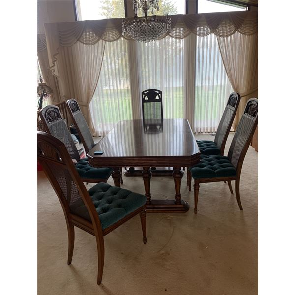 9 Piece dark Oak Dinning room set  with forest green upholstery on high back rattan back chairs