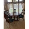 Image 1 : 9 Piece dark Oak Dinning room set  with forest green upholstery on high back rattan back chairs
