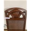 Image 3 : 9 Piece dark Oak Dinning room set  with forest green upholstery on high back rattan back chairs