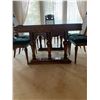 Image 5 : 9 Piece dark Oak Dinning room set  with forest green upholstery on high back rattan back chairs