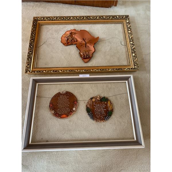 2 Large frames and copper craft clock, 2 wall plaques, dimensions are in the pictures