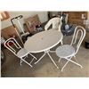 Image 1 : Metal 40" metal patio table with 3 plastic chairs, 2 folding painted rattan chairs
