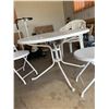 Image 2 : Metal 40" metal patio table with 3 plastic chairs, 2 folding painted rattan chairs