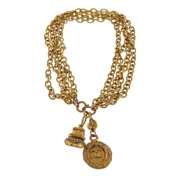 Chanel Gold Coco Mark Two Pendants Multi-Strand Necklace