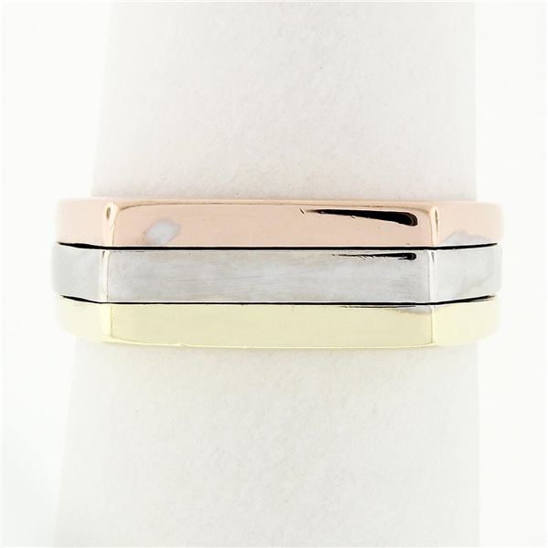 Vintage Solid 14k Tri Color Gold 6.1mm Wide Polished Squared Top 3 Row Band Ring