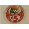 Image 2 : $5 GRAND CASINO CHIP, BILOXI, MISSISSIPPI