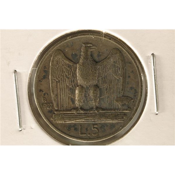 1927-R ITALY SILVER 5 LIRE .1342 OZ. ASW