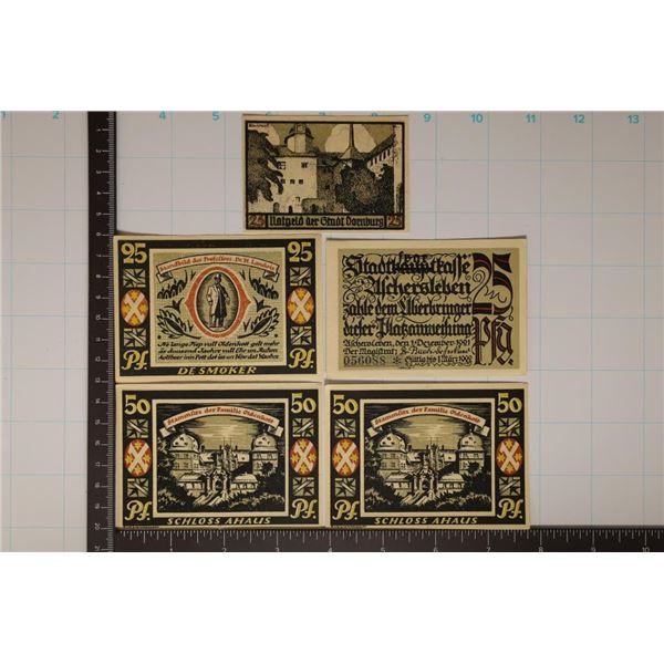 5 CRISP UNC 1921 GERMAN NOTGELDS 3-25 PFENNIGS &