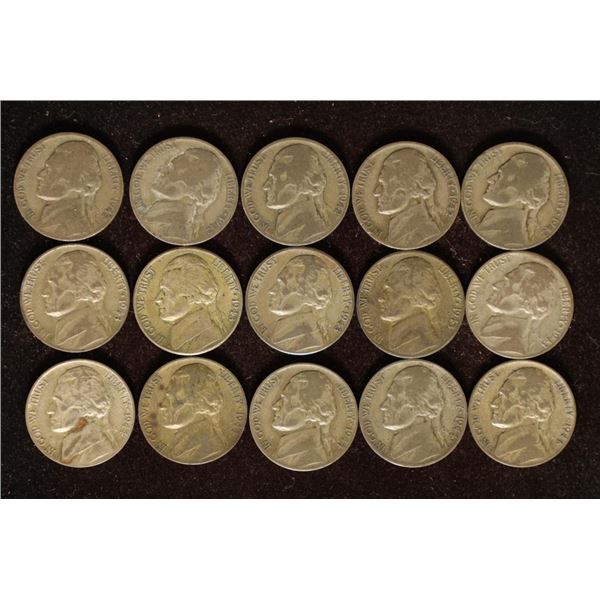 15 SILVER JEFFERSON WAR NICKELS: 5-1942-P, 5-